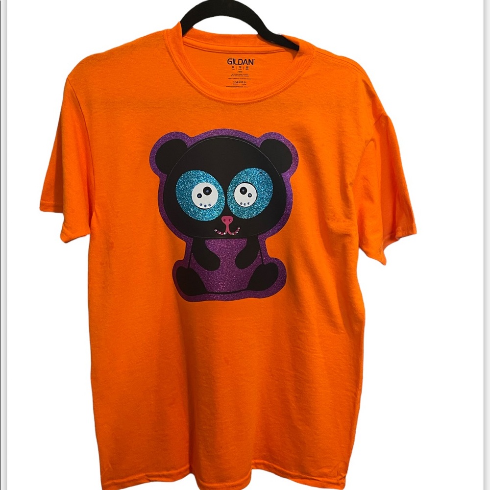 Handcrafted Artisan Kawaii Purple Panda Neon Orange T-Shirt in Size XL Youth